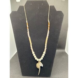Vana Courage Lion Coin Horn Charm Necklace Beaded White Turquoise Orange Stone